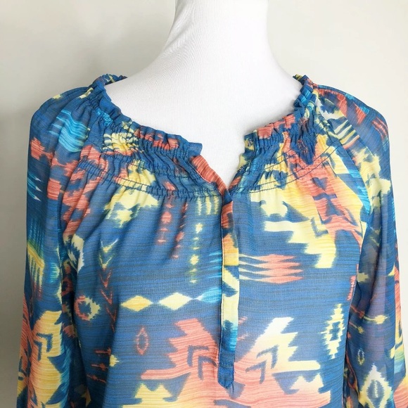Chicos Sheer Aztec Blouse 00(XS) Blue Multicolor - Picture 6 of 10